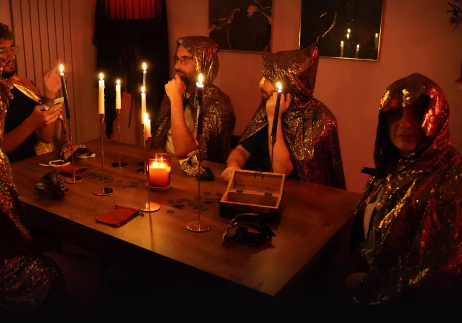 Cloaked, masked players around a candlelit table
