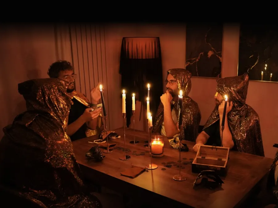 Cloaked players around a candlelit table during a Trial